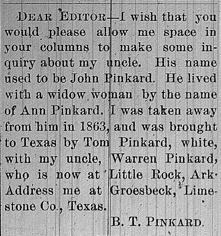 B. T. Pinkard looking for their uncle John Pinkard