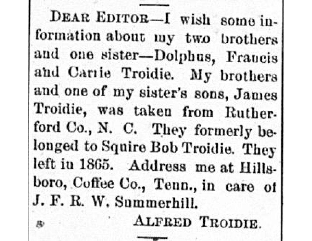 Alfred Troidie searching for his siblings Dolphus, Francis, and Carrie Troidie