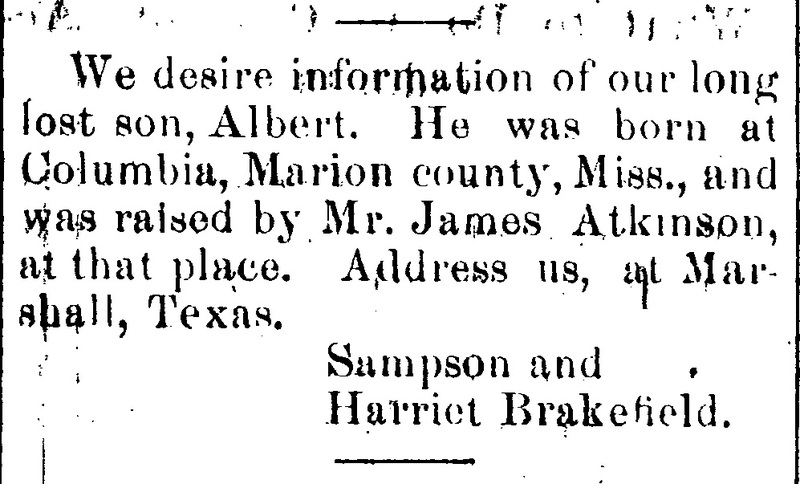 Sampson and Harriet Brakefield seeking information about their son Albert