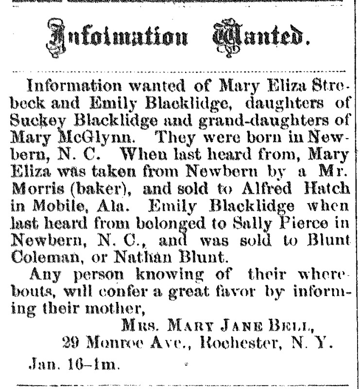 Mary Jane Bell (formerly Suckey Blacklidge) searching for her daughters Mary Eliza Strebeck and Emily Blacklidge