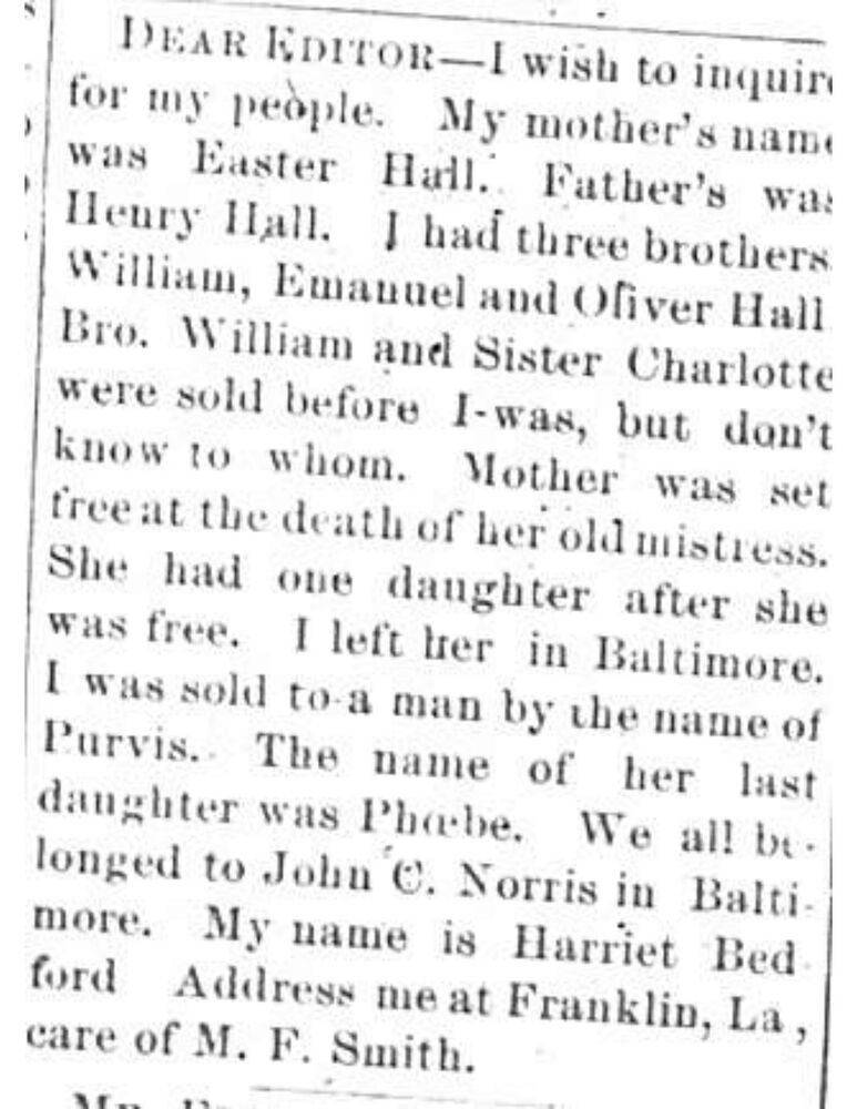 Harriet Bedford searching for her mother Easter Hall and father Henry Hall