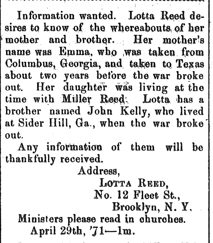 Lotta Reed looking for her mother Emma and her brother John Kelly