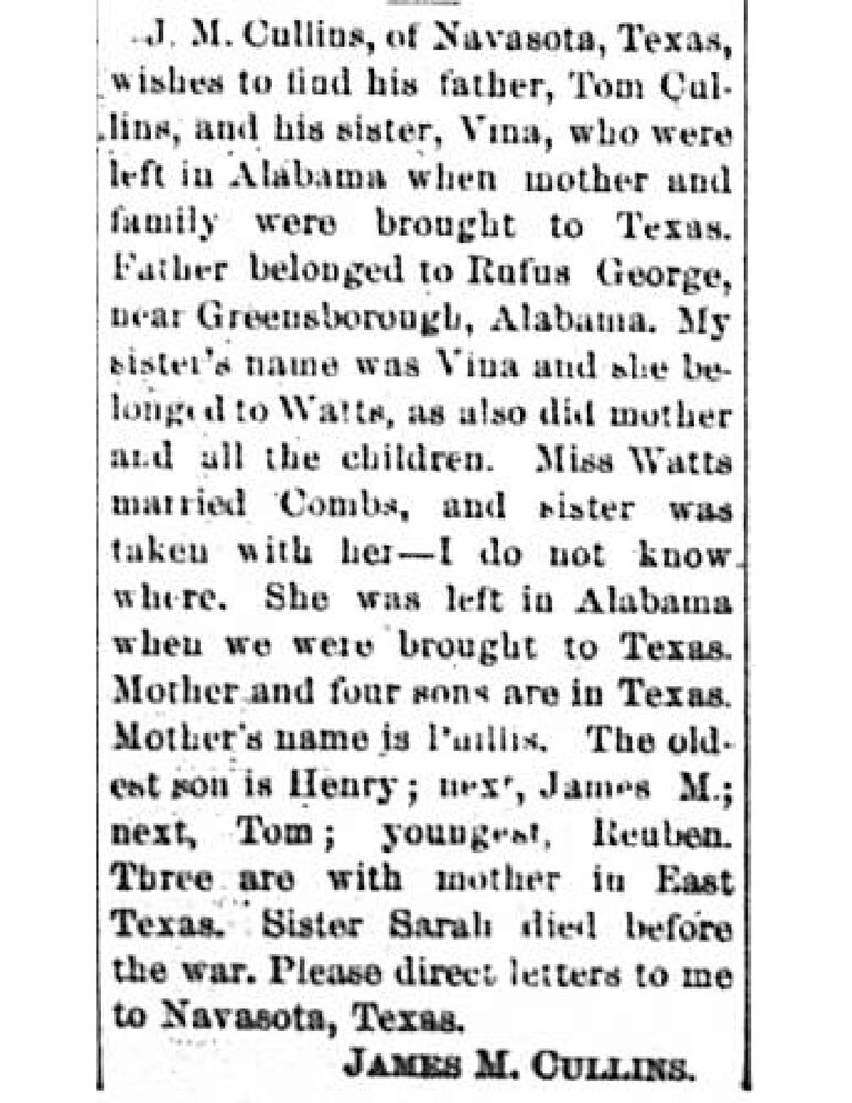 James M. Cullins searching for his father Tom Cullins and sister Vina