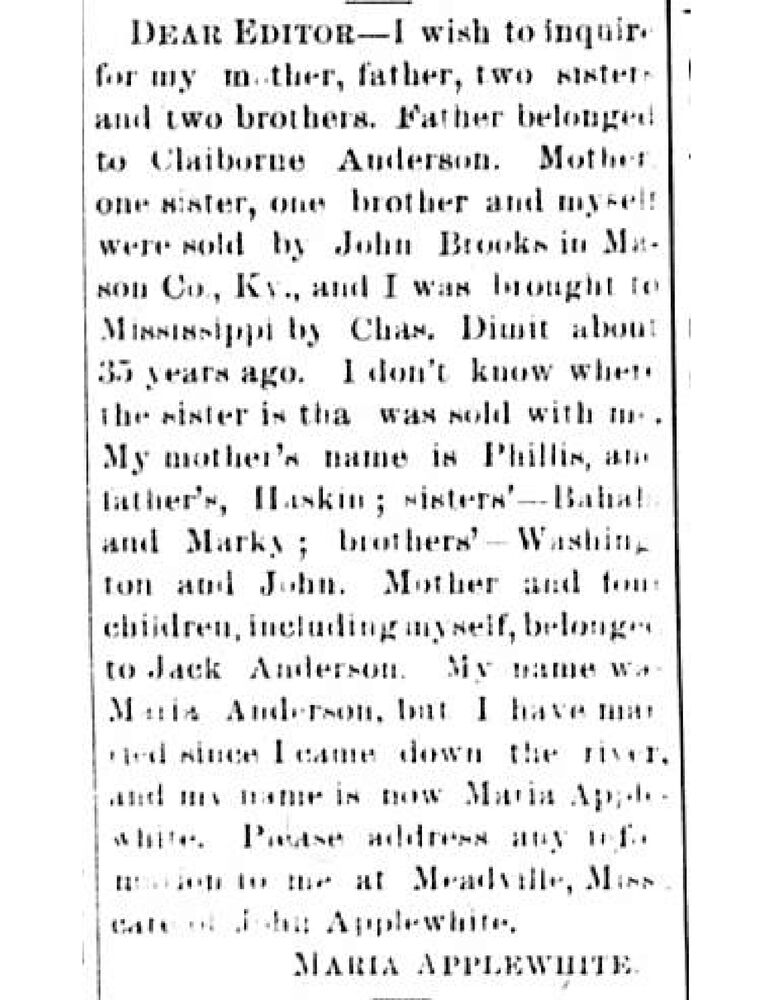 Maria Applewhite (formerly Maria Anderson) searching for her mother Phillis, father Haskin, and siblings 