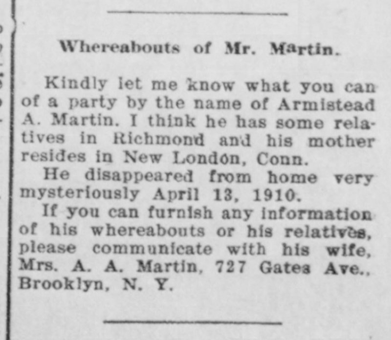 Mrs. A. A. Martin searching for her husband Armistead A. Martin 