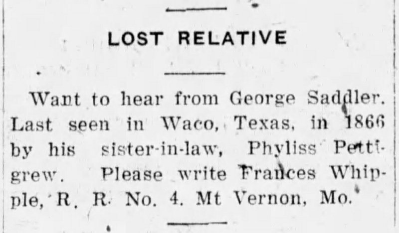 Frances Whipple searching for George Saddler 