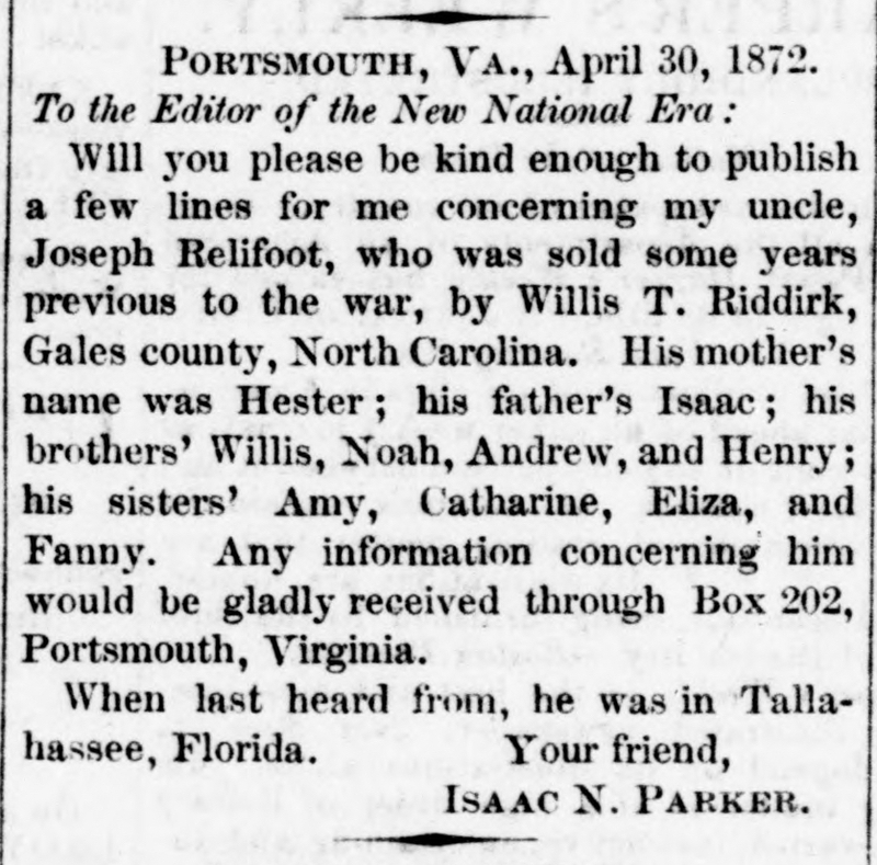 Isaac N. Parker searching for his uncle Joseph Relifoot