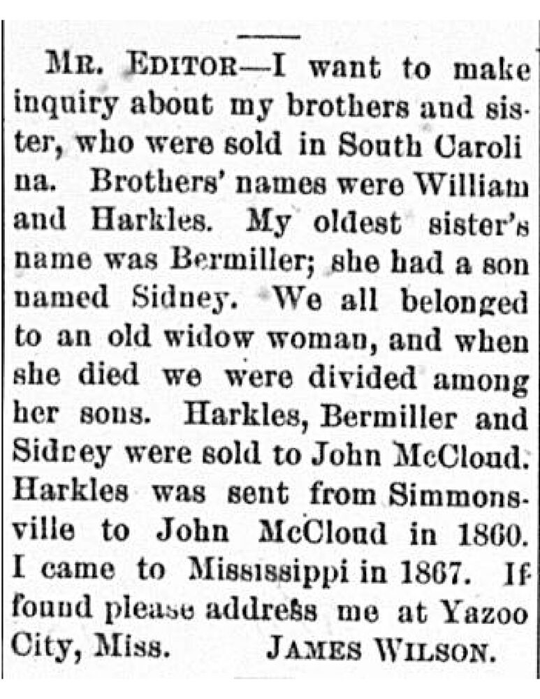 James Wilson searching for his siblings William, Harkles, and Bermiller