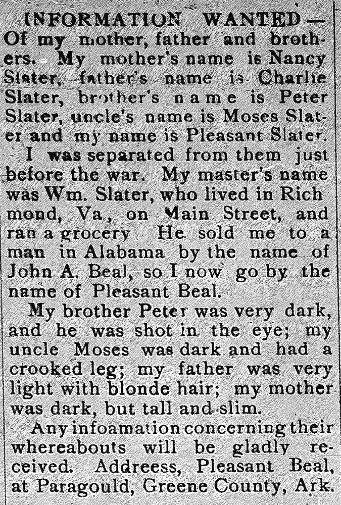 Pleasant Beal (formerly Pleasant Slater) searching for Slater family