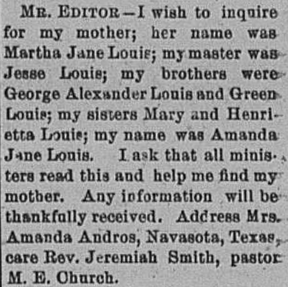 Mrs. Amanda Andros (formerly Amanda Jane Louis) seeking her mother Martha Jane Louis