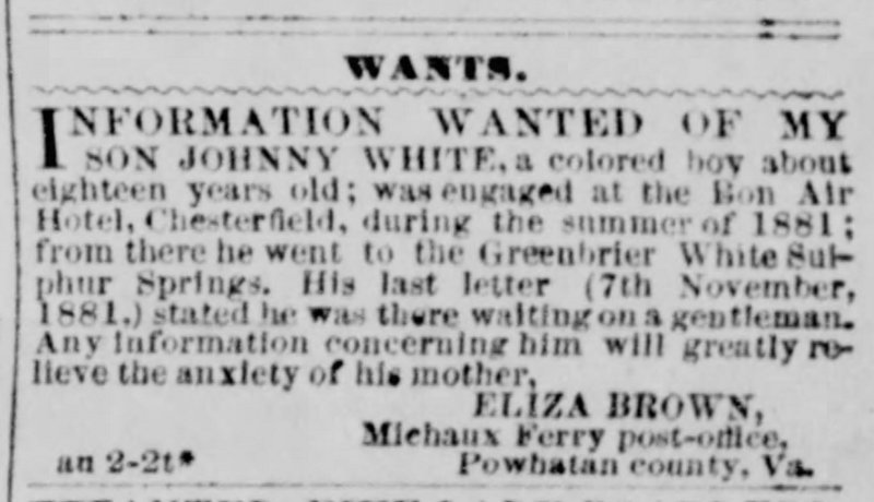 Eliza Brown searching for her son, Johnny White 