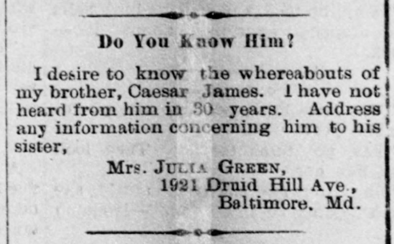 Mrs. Julia Green searching for her brother Caesar James