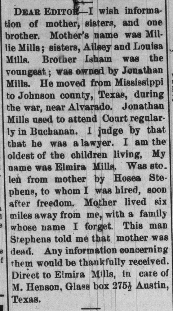 Elmira Mills searching for her mother Millie Mills and siblings Ailsey Mills, Louisa Mills, and Isham