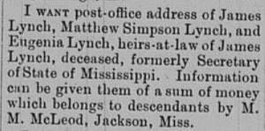 M. M. McLeod seeking James, Eugenia, and Matthew Simpson Lynch