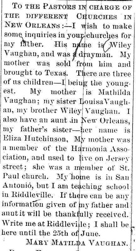 Mary Matilda Vaughn searching for her father and aunt