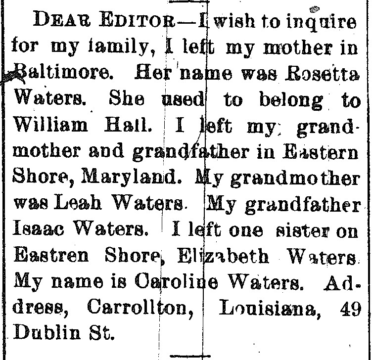 Caroline Waters searching for her mother Rosetta Waters and grandparents Leah and Isaac Waters 