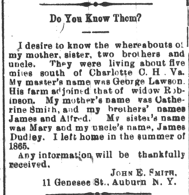 John E. Smith looking for his mother Catherine Smith, brothers James and Alfred, sister Mary, and uncle James Dudley