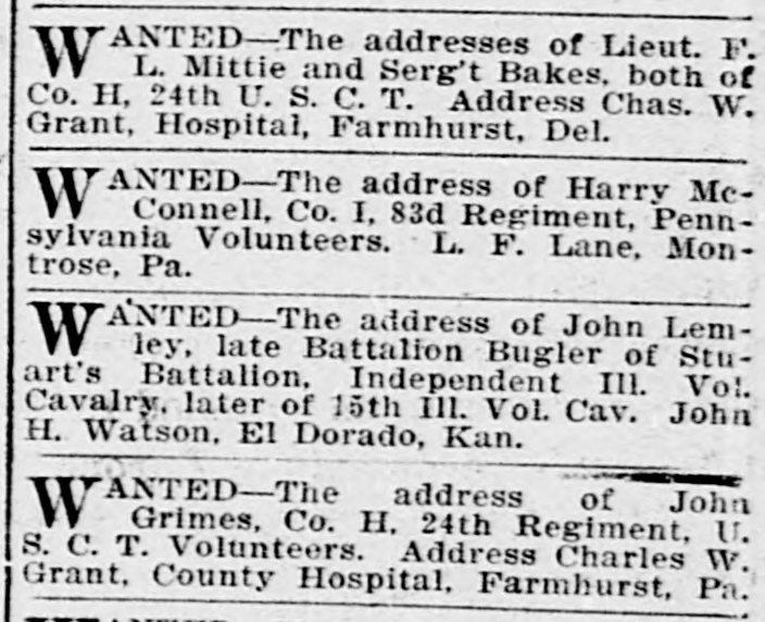 Charles W. Grant searching for fellow servicemembers Lieut. F. L. Mittie, Sergeant Bakes, and John Grimes 