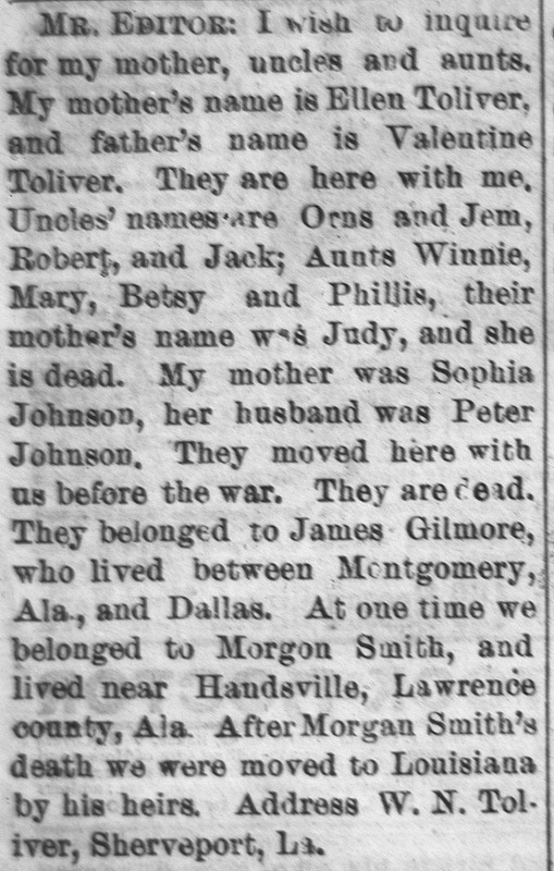 W. N. Toliver searching for their mother, uncles, and aunts