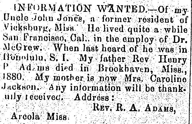 Rev. R. A. Adams seeking information of his uncle John Jones (1st of 2 ads)