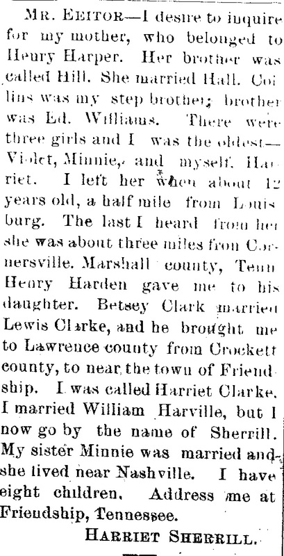 Harriet Sherrill (formerly Harriet Clarke) searching for her mother