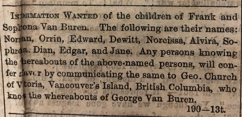 George Van Buren searching for the children of Frank and Sophrona Van Buren