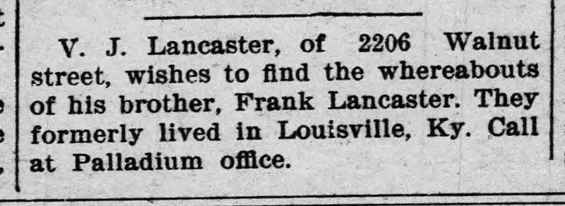 V. J. Lancaster searching for his brother Frank Lancaster 