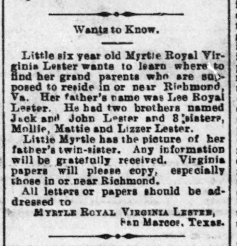 Myrtle Royal Virginia Lester is searching for her grandparents 