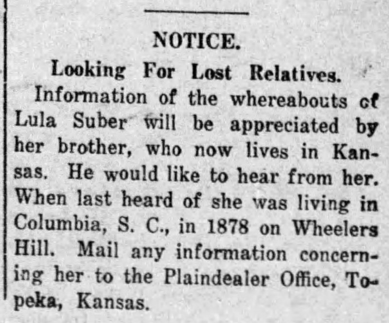 Unnamed searching for his sister, Lula Suber 