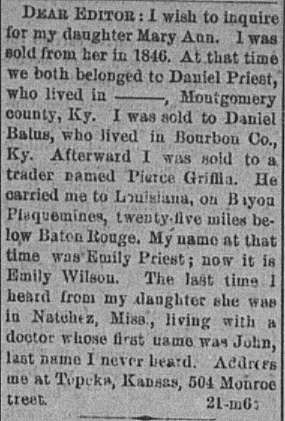 Emily Wilson (formerly Emily Priest) searching for her daughter Mary Ann