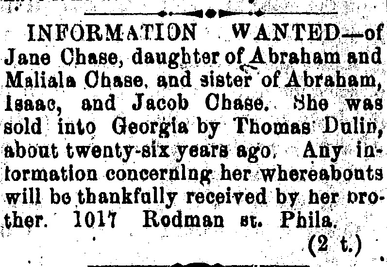 Abraham and Maliala Chase seeking information about their daughter Jane Chase 