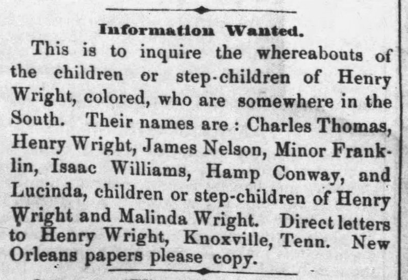 Henry Wright and Malinda Wright searching for their children and step-children (3rd of 3 ads placed by Wright)