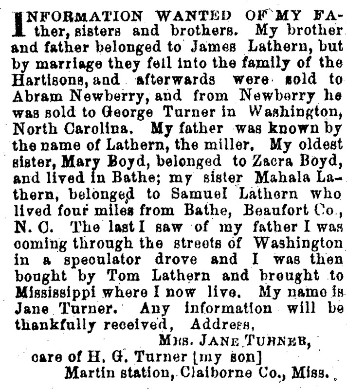 Mrs. Jane Turner seeking information about father Lathern and siblings Mary Boyd, Mahala Lathern, and an unnamed brother 