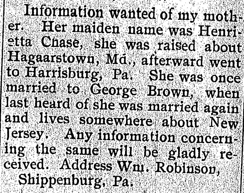 William Robinson seeking information on his mother Henrietta Chase