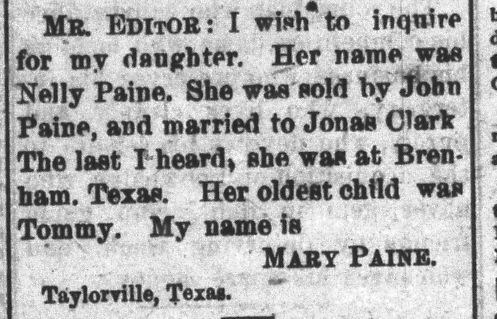 Mary Paine looking for Nelly Paine