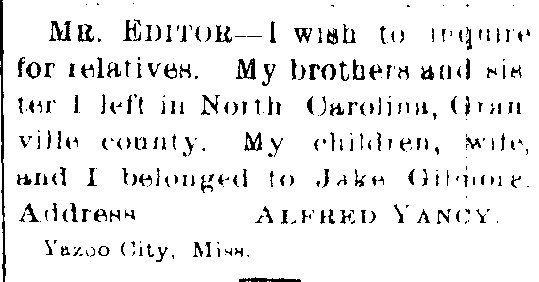 Alfred Yancy searching for his unnamed siblings, wife, and children