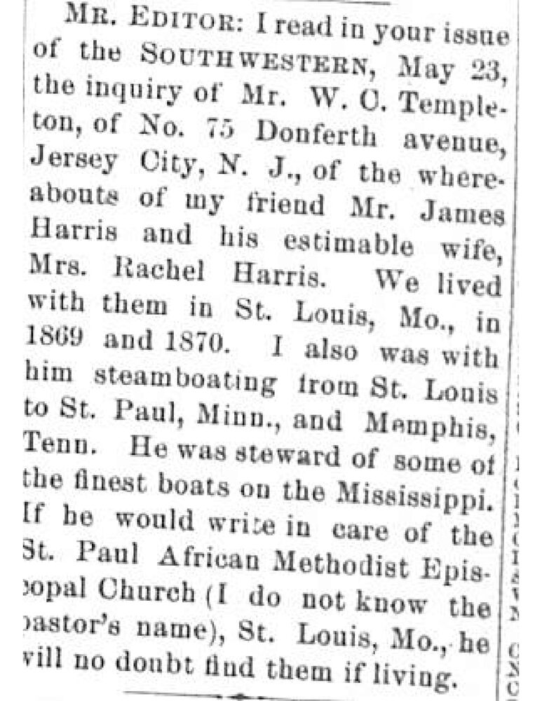 Unnamed person replying to search for Mr. James Harris and Mrs. Rebecca Harris