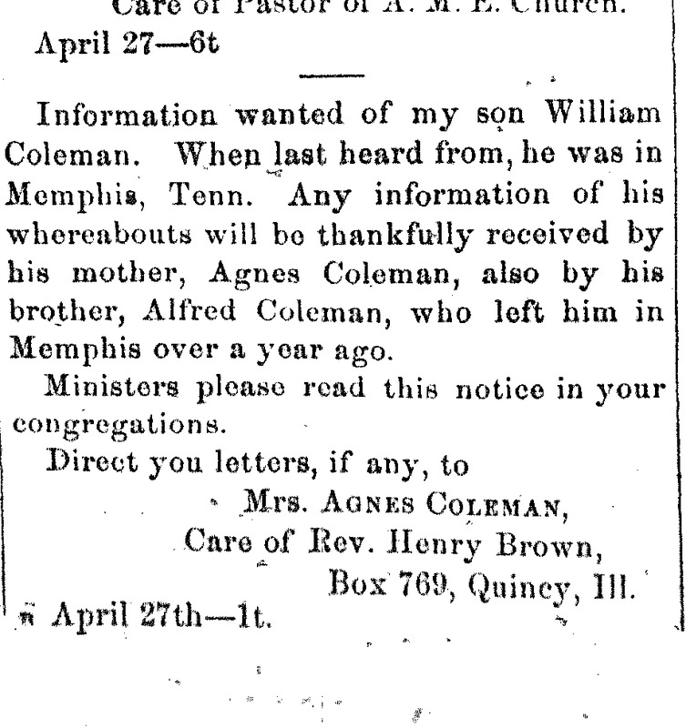 Agnes Coleman seeking information about her son William Coleman