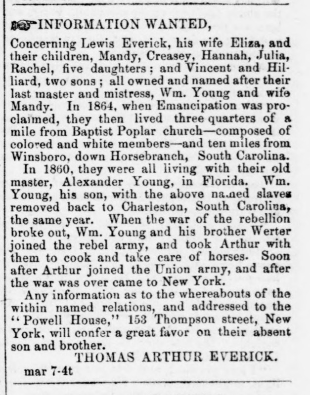 Thomas Arthur Everick searching for family including Lewis Everick and his wife Eliza