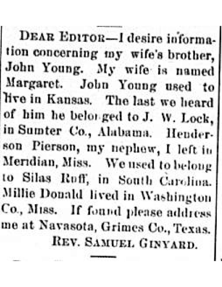 Reverend Samuel Ginyard searching for his wife&#039;s brother John Young