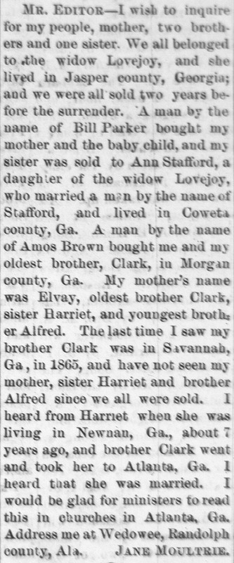 Jane Moultrie searching for her mother Elvay, two brothers Clark and Alfred, and a sister Harriet