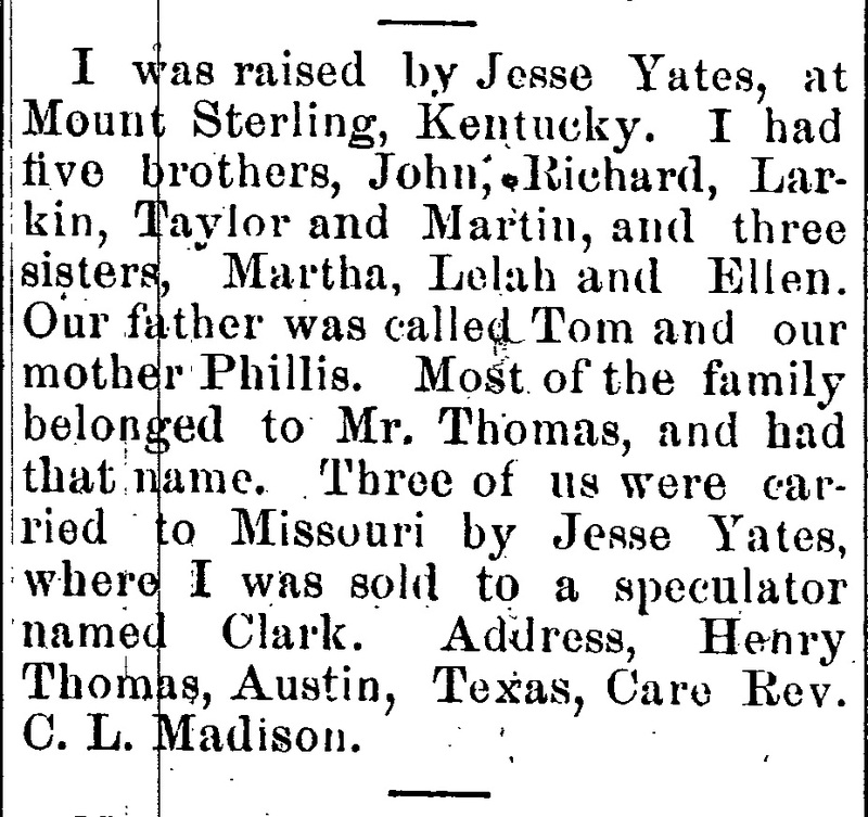 Henry Thomas searching for his father Tom, mother Phillis, and several siblings