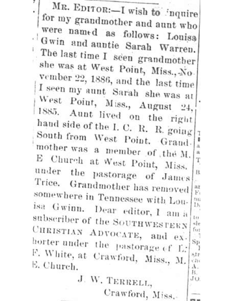 J. W. Terrell searching for their grandmother Louisa Gwin and aunt Sarah Warren