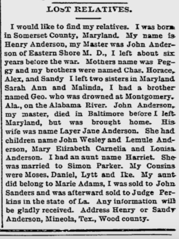 Henry Anderson searching for mother Peggy, brothers Chas, Horace, and Alex, and sisters Sarah Ann and Malinda  