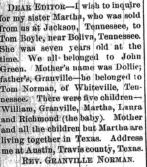 Rev. Granville Norman searching for his sister Martha (1st of 3 ads placed)