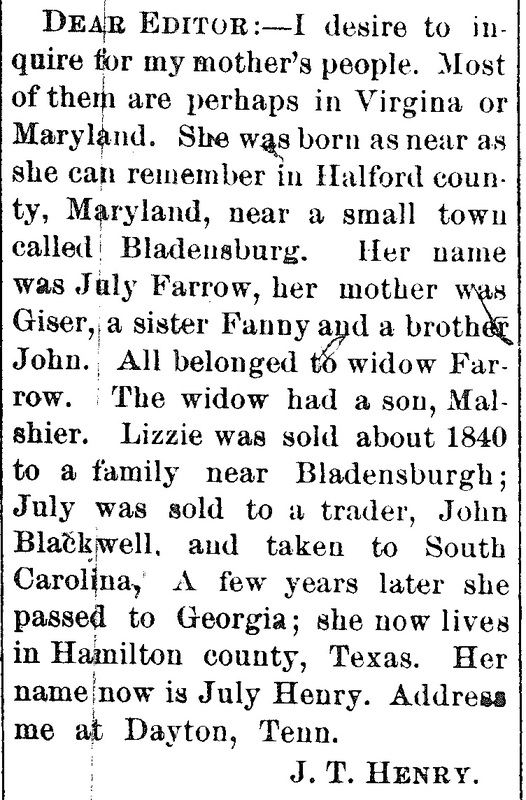 J. T. Henry searching the relatives of his mother July Henry (formerly July Farrow)