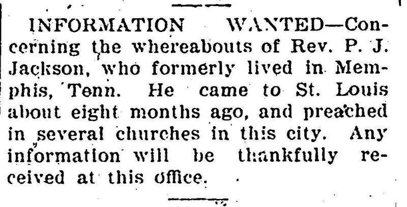 Unidentified person searching for Rev. P.J. Jackson (two items: ad and reply to ad)