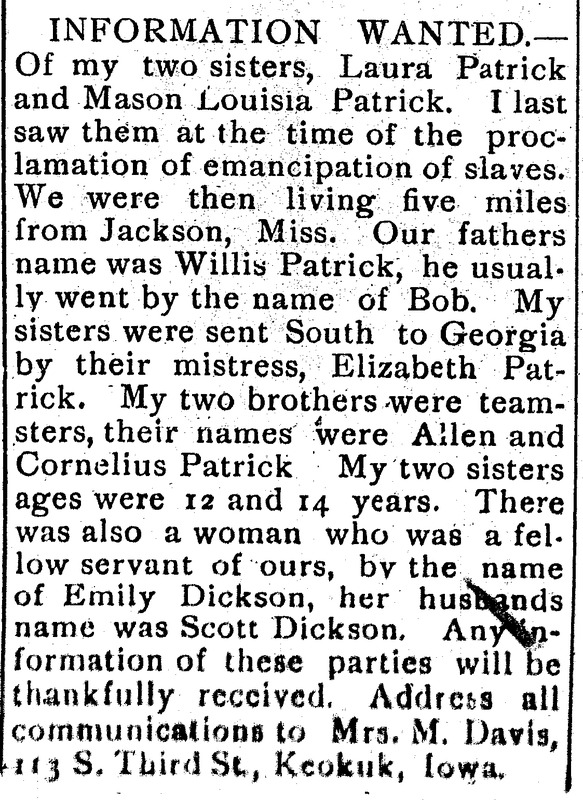 Mrs. M. Davis seeking information about her sisters Laura Patrick and Mason Louisa Patrick