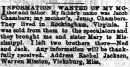 Rachel Jackson seeking information about her parents Jenny and Jacob Chambers, as well as her brothers Ned and Jack