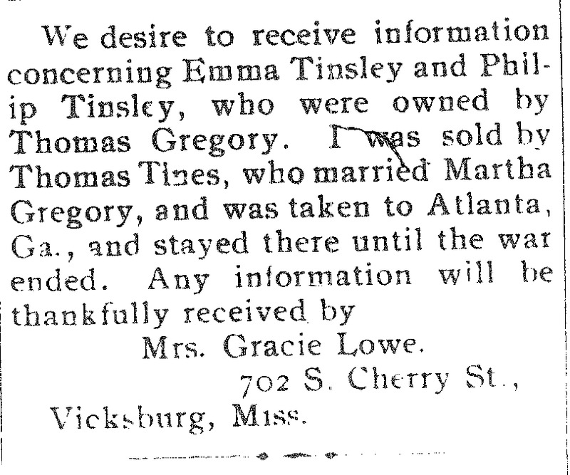 Mrs. Gracie Lowe seeking information about Emma and Philip Tinsley